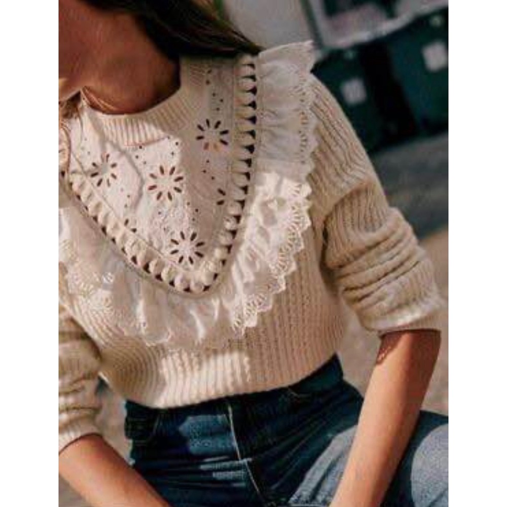 Sezane La Maille Merino Wool Eyelet Ruffle Sweater Ecru Cream S S222PUL111E